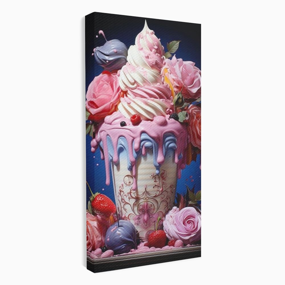 Tablou canvas cu ilustratie digitala cu cupa de desert decorata cu trandafiri, fara rama, pe sasiu de lemn